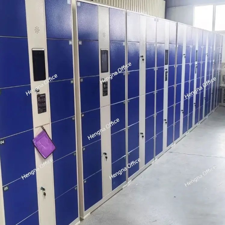 24-door face recognition steel locker installed in a modern gym or library