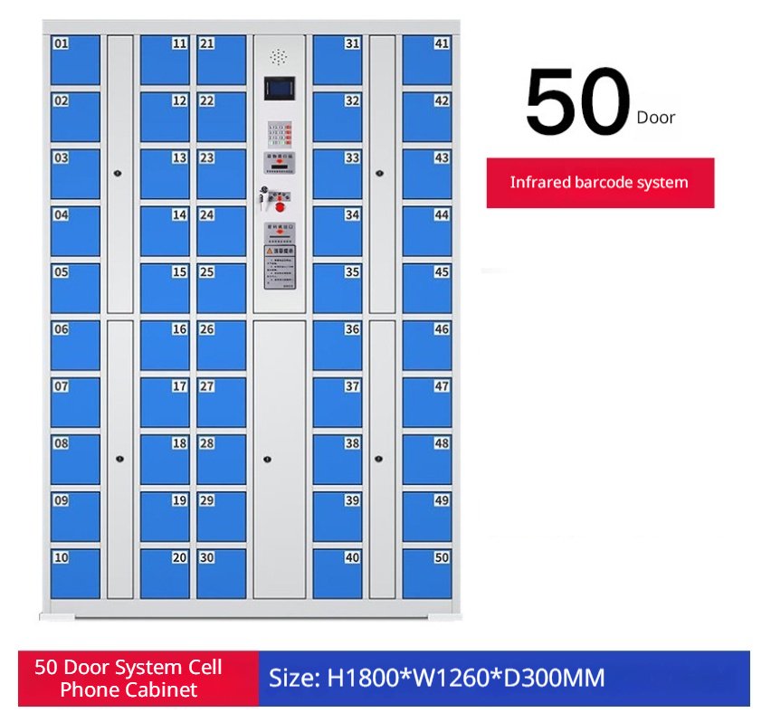 50-Door Intelligent Cell Phone Locker for Factory Employee Storage with Barcode Scanner Access
