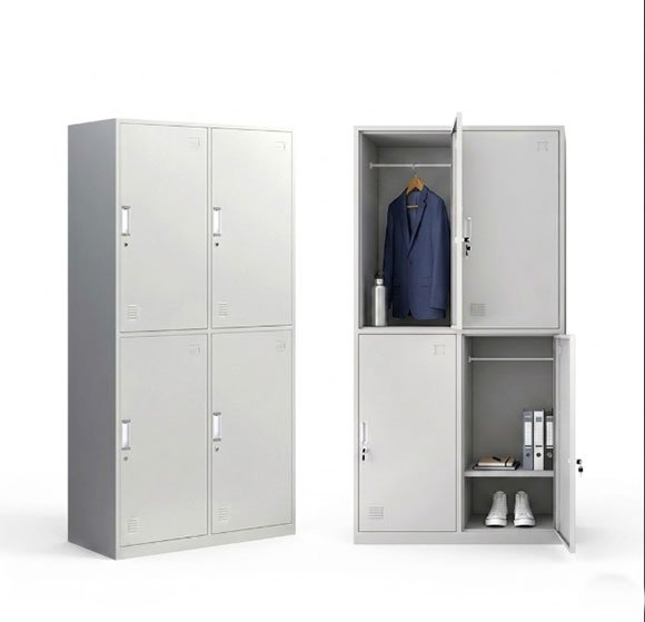 4 Door Steel Changing Locker for Factory – KD Flat Pack, 40HQ Loads 800+ Units 4 door steel locker product photo showing closed exterior and open interior compartments