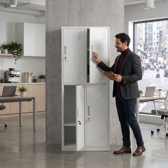 4 Door Steel Changing Locker for Factory – KD Flat Pack, 40HQ Loads 800+ Units Professional opening upper door of 4 door steel locker in office break room