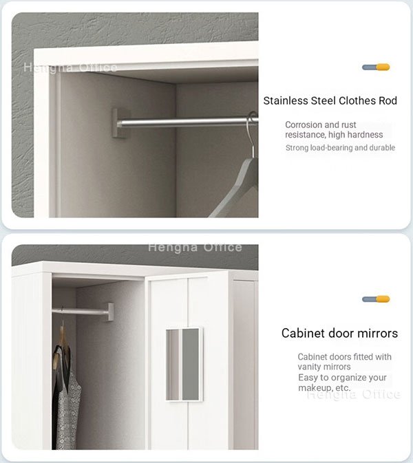 Stainless steel hanging rod and optional door mirror inside 4 door locker compartment