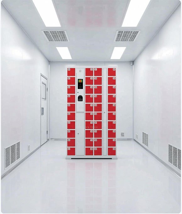 Fingerprint personal locker installed in a cleanroom entrance area — workers store phones, watches, and jewelry via biometric scan before donning cleanroom suits