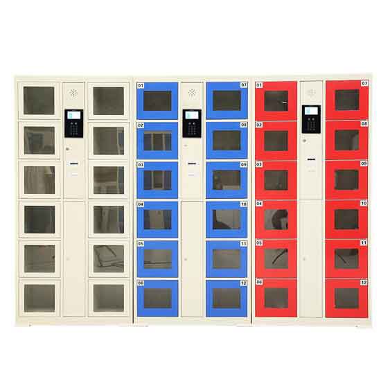 Three face recognition lockers in white, blue and red color options, showing multi-door configurations with built-in cameras and digital screens for biometric access