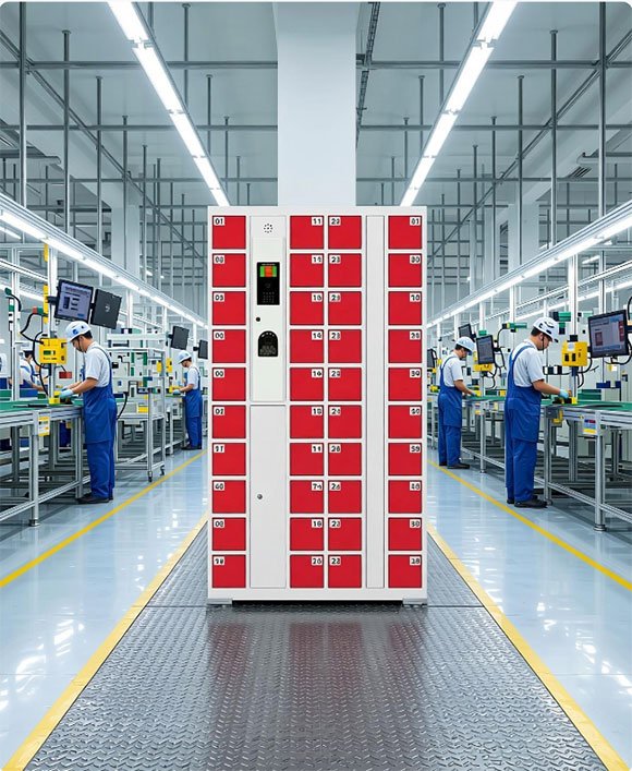 Factory fingerprint phone locker installed on a no-phone production line — workers secure personal phones via biometric fingerprint before entering the manufacturing workshop