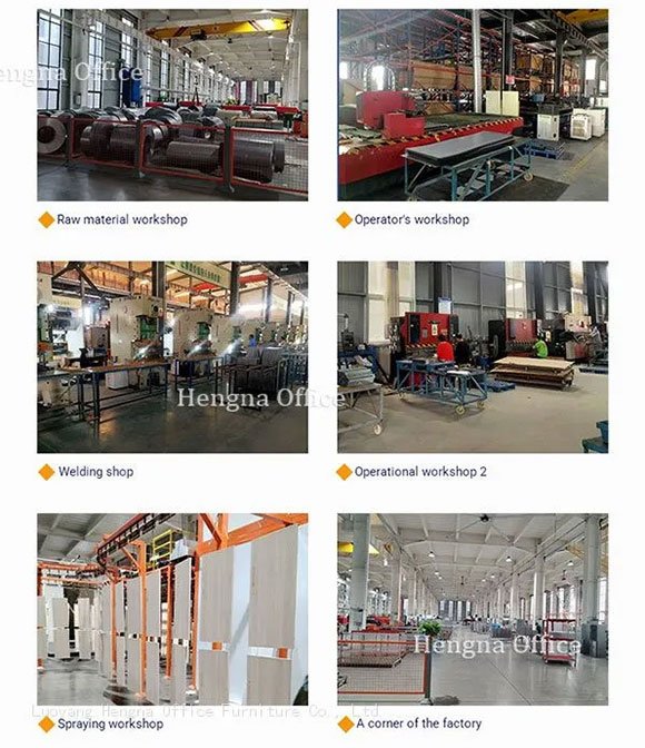 Luoyang Hengna factory workshop showing raw material storage, welding, spraying, and assembly lines for metal locker manufacturing