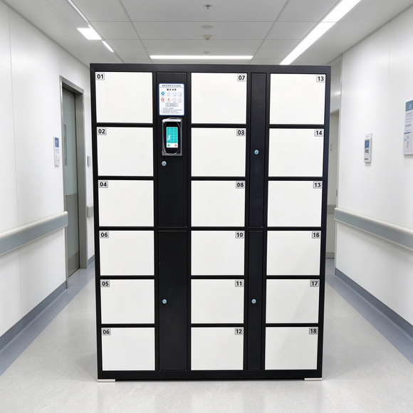 Hospital MRI smart lockers keyless steel cabinet bank in a radiology corridor